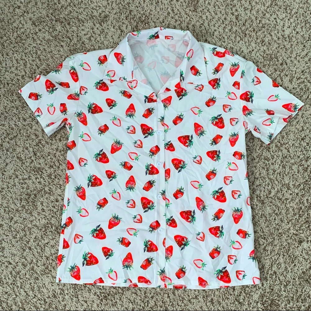 NWOT Strawberry Print Button Down Top